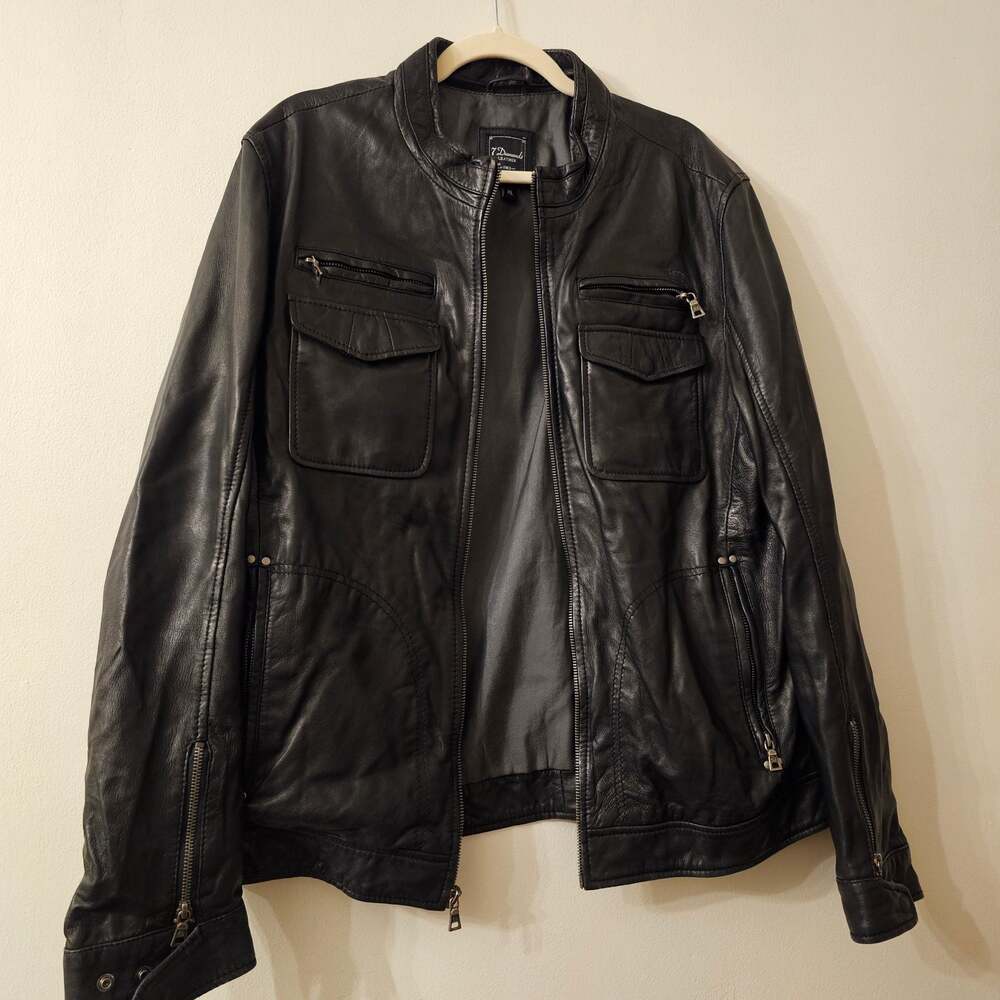 7 Diamonds Men's XL Black Genuine Leather Moto Jacket Full Zip